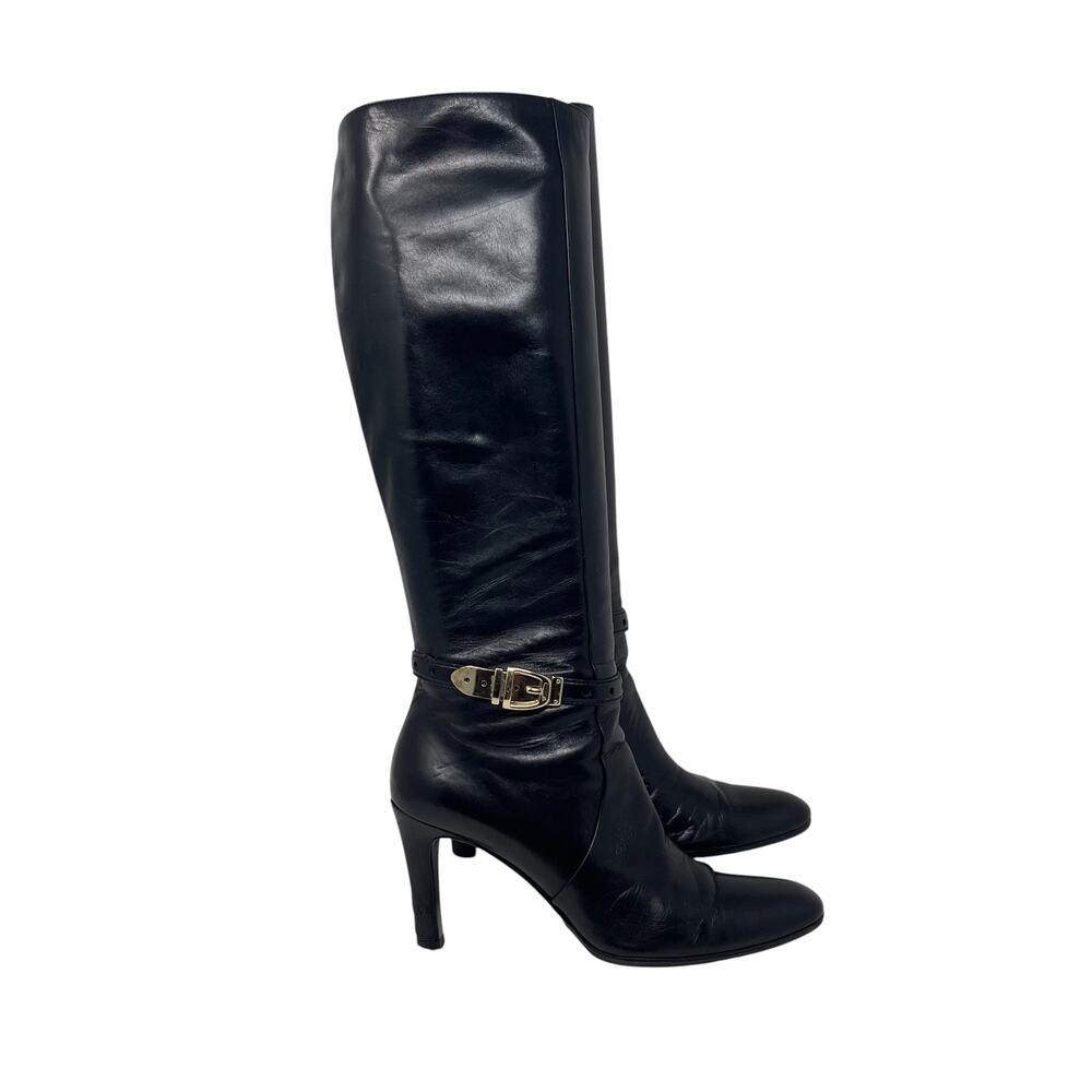 Gucci Knee-High Boots - Black Leather with Gold Buckle Hardware - Size 6.5